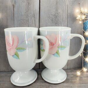 Vintage Saltera Victorian Rose Footed Coffee Mug Cup Japan 1980s Mugs Cups Set 2